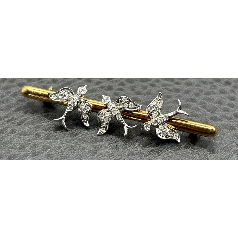 Atwood & Sawyer Victorian Revival Rhinestone Swallow Birds Bar Brooch Gold Tone